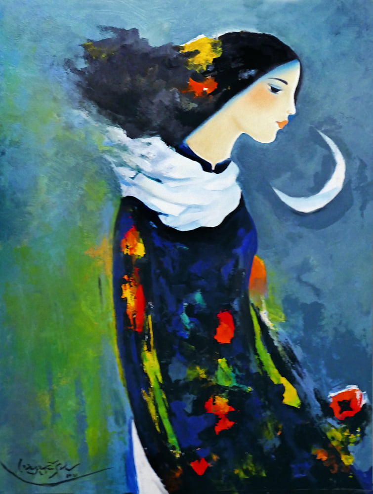 Cô gái áo xanh hoa khăn cổ trắng, mặt trăng trước mặt