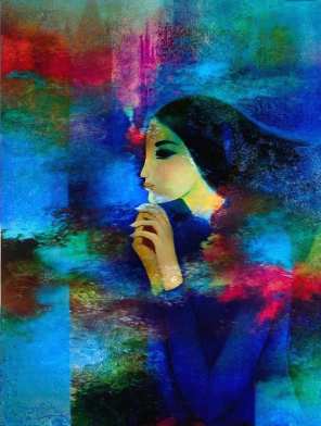 Cô gái áo xanh ngồi chống tay vô cằm